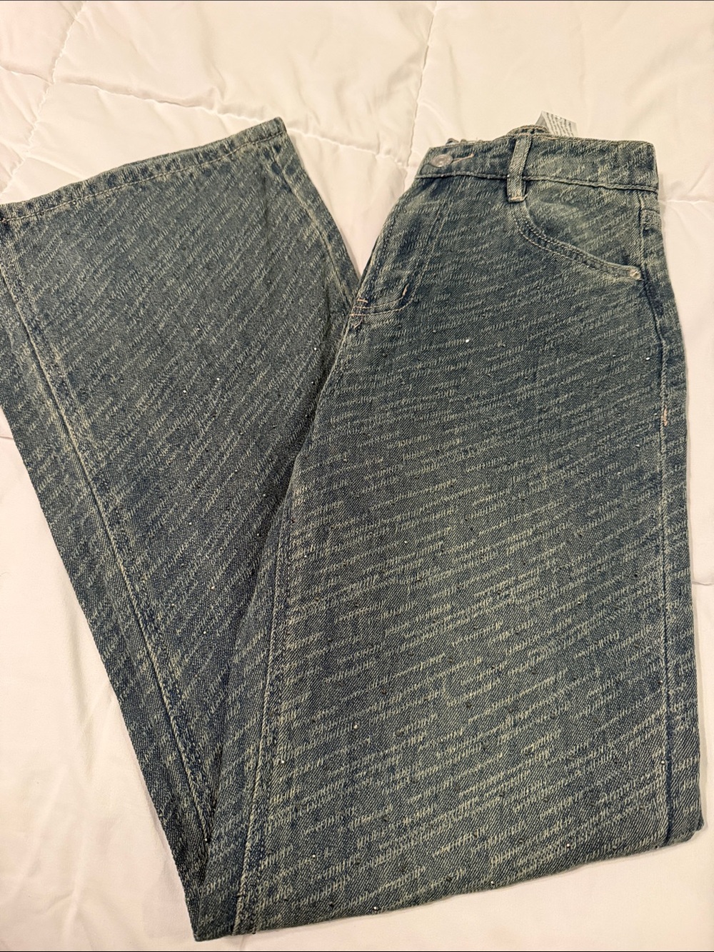 Wide-Leg High-Waist Jeans in Faded Blue - Women's Flare Rhinestones size 26
